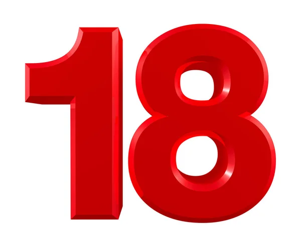 Röda nummer 18 på vit bakgrund illustration 3d rendering — Stockfoto