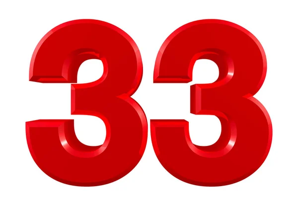 Red numbers 33 on white background illustration 3D rendering — 스톡 사진