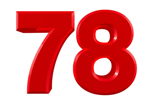 Numeri rossi 78 su sfondo bianco illustrazione rendering 3D — Foto Stock