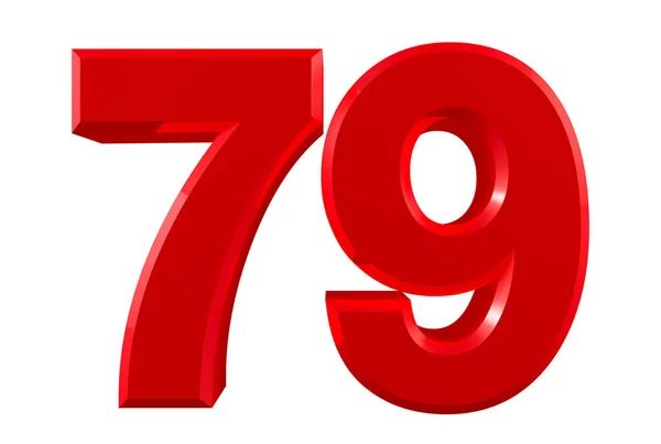 Czerwone numery 79 na białym tle ilustracja 3d renderowania — Zdjęcie stockowe