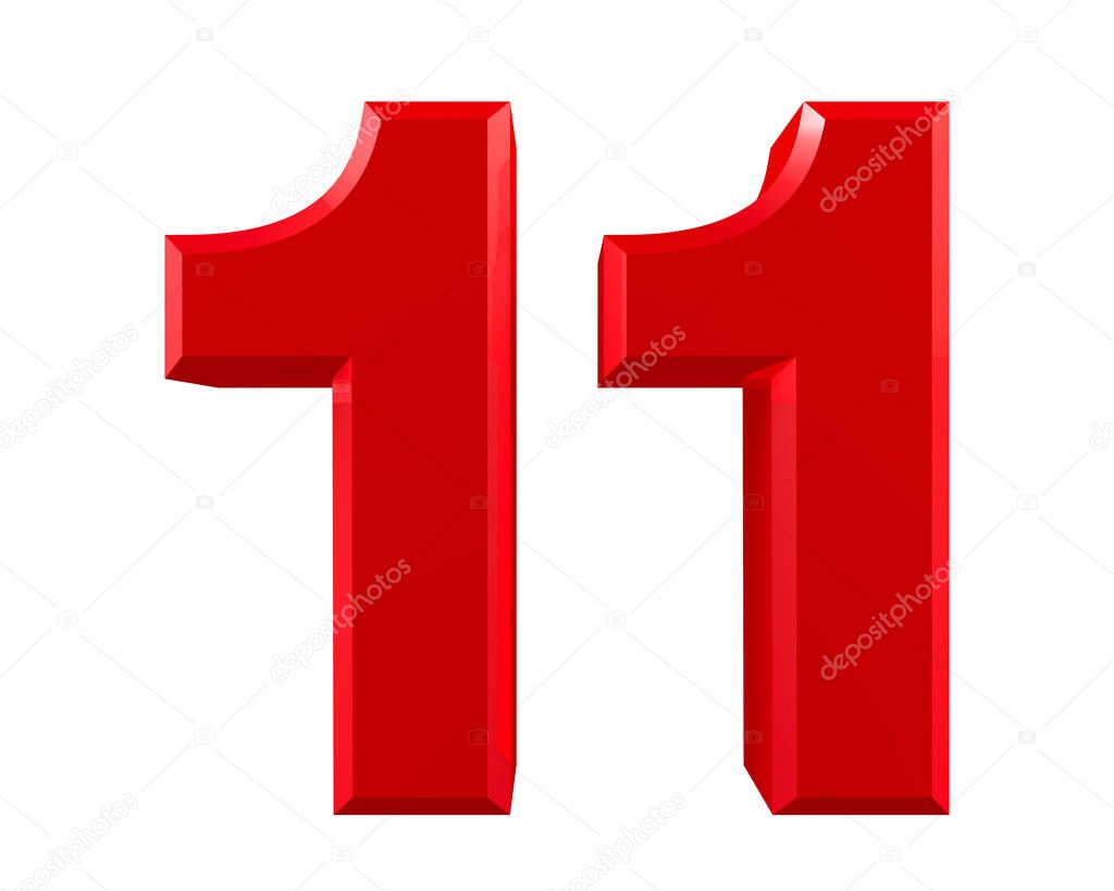 Red numbers 11 on white background illustration 3D rendering