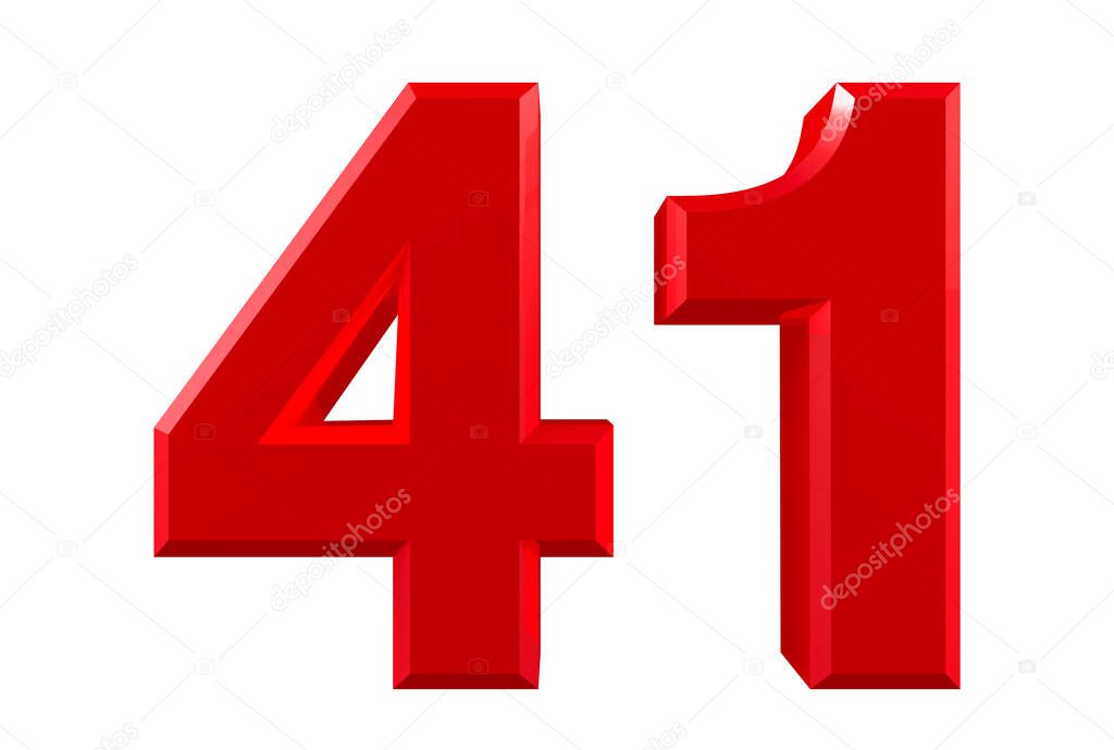 Red numbers 41 on white background illustration 3D rendering