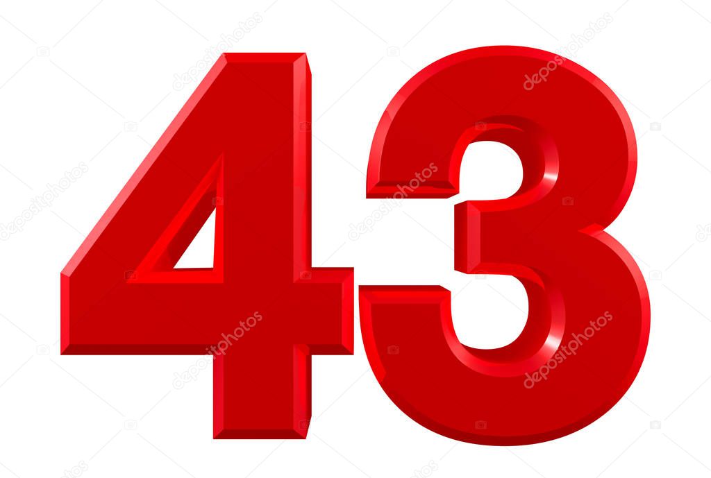 Red numbers 43 on white background illustration 3D rendering