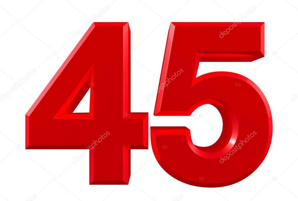 Red numbers 45 on white background illustration 3D rendering