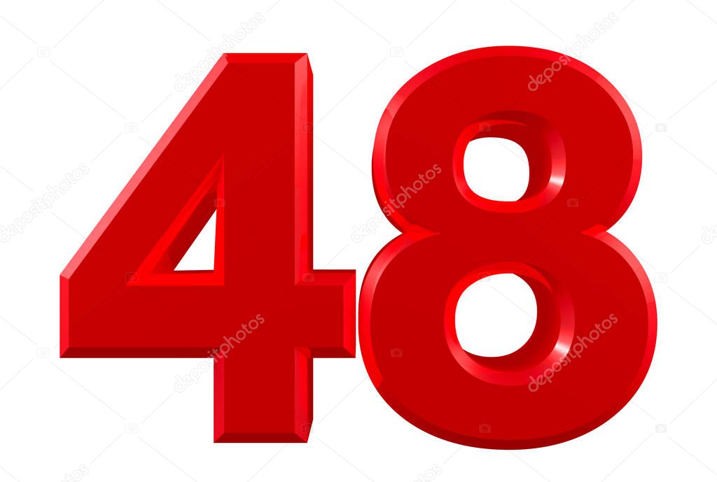 Red numbers 48 on white background illustration 3D rendering