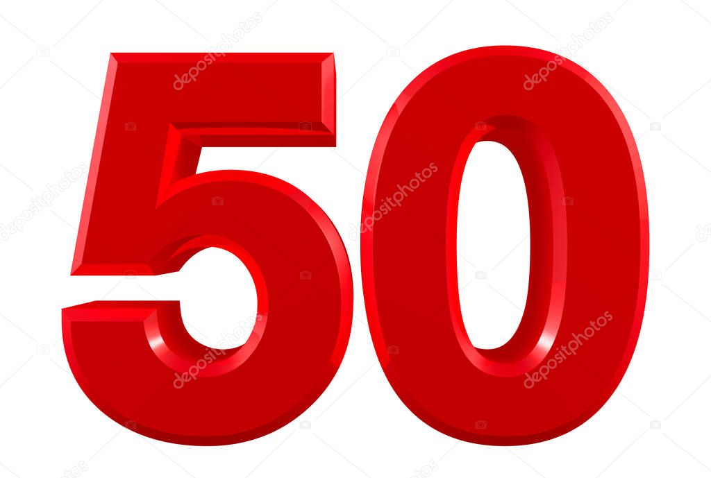 Red numbers 50 on white background illustration 3D rendering