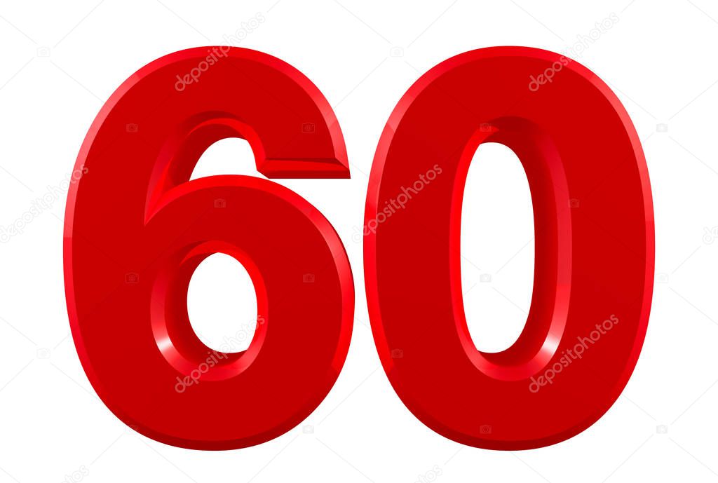 Red numbers 60 on white background illustration 3D rendering