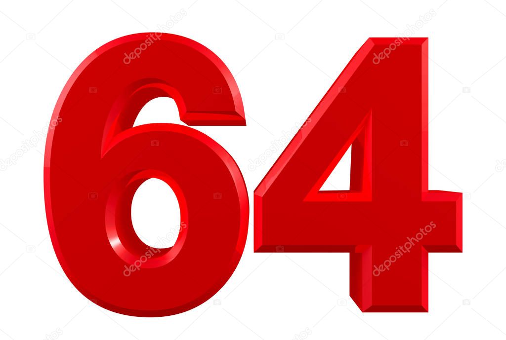 Red numbers 64 on white background illustration 3D rendering