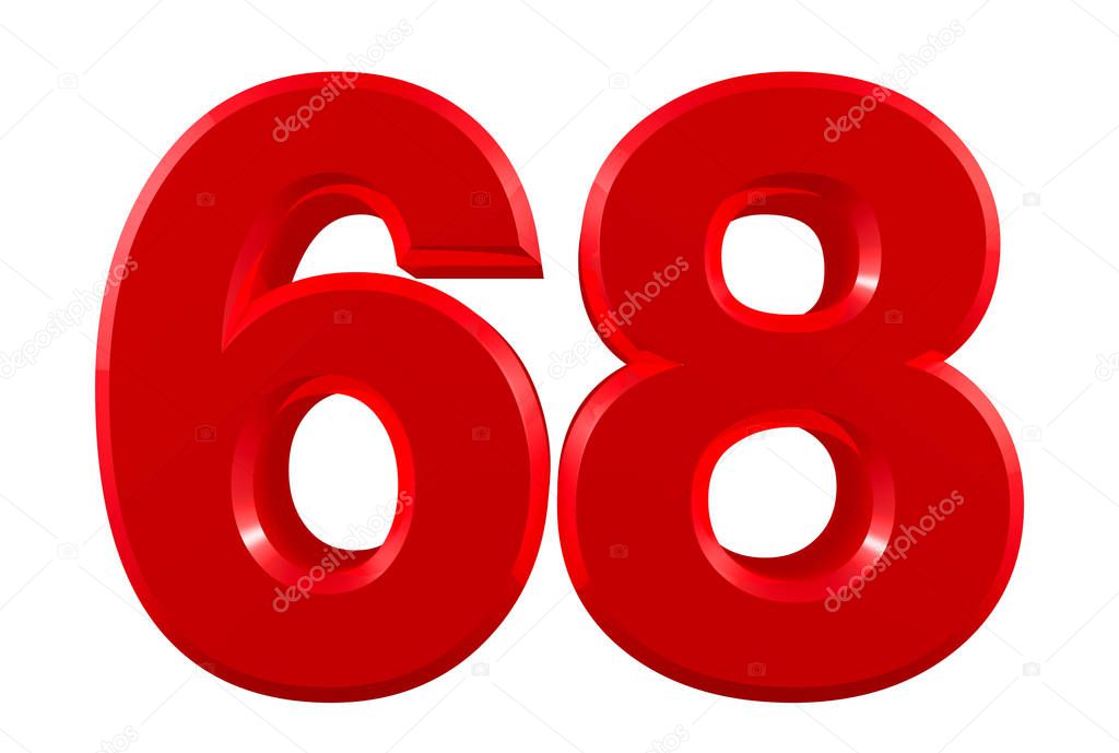 Red numbers 68 on white background illustration 3D rendering