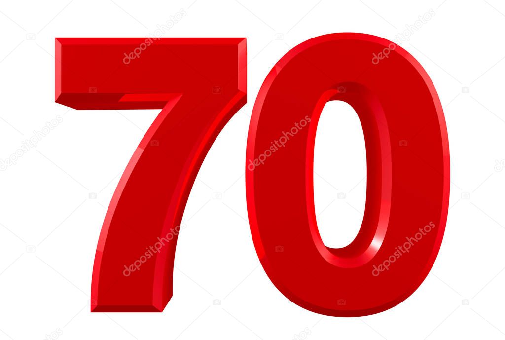 Red numbers 70 on white background illustration 3D rendering