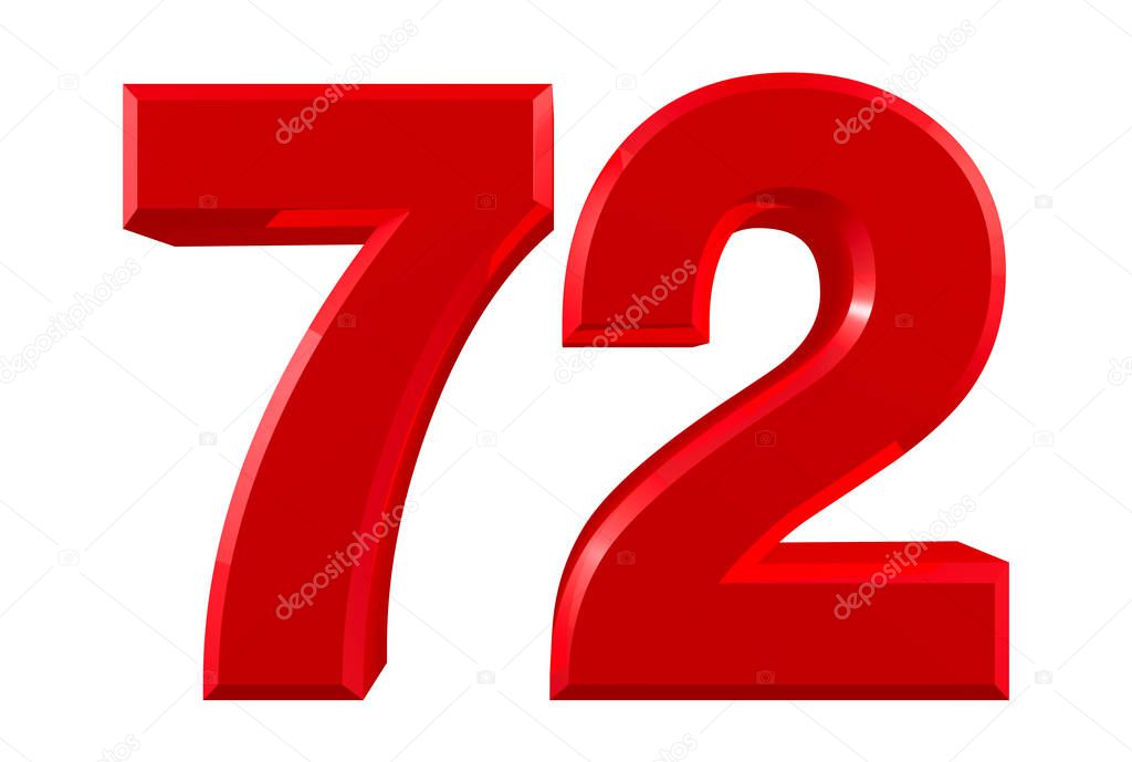 Red numbers 72 on white background illustration 3D rendering