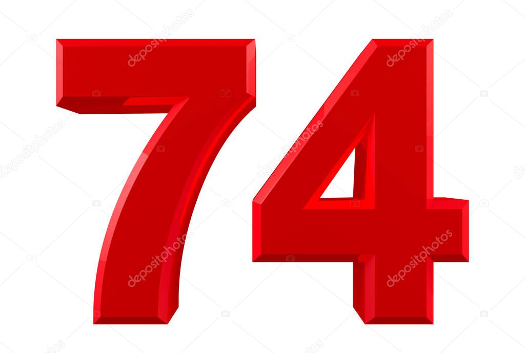 Red numbers 74 on white background illustration 3D rendering