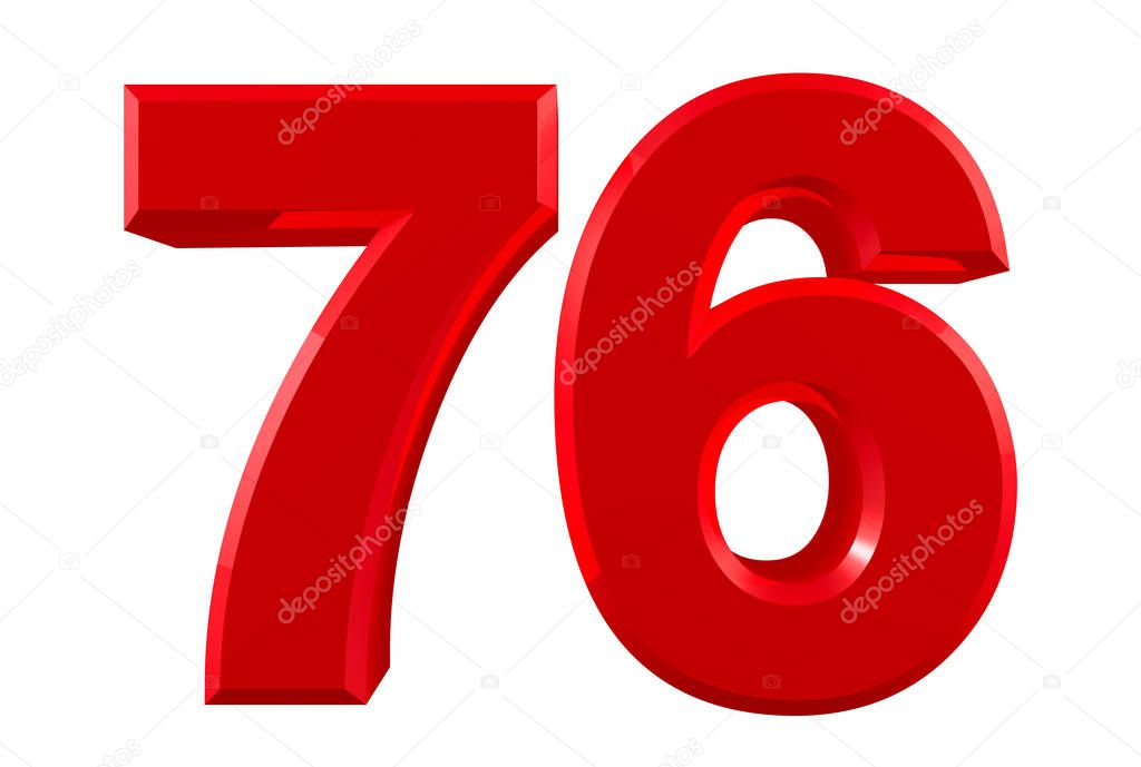 Red numbers 76 on white background illustration 3D rendering