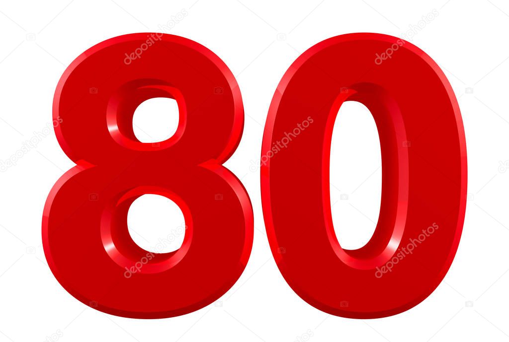 Red numbers 80 on white background illustration 3D rendering