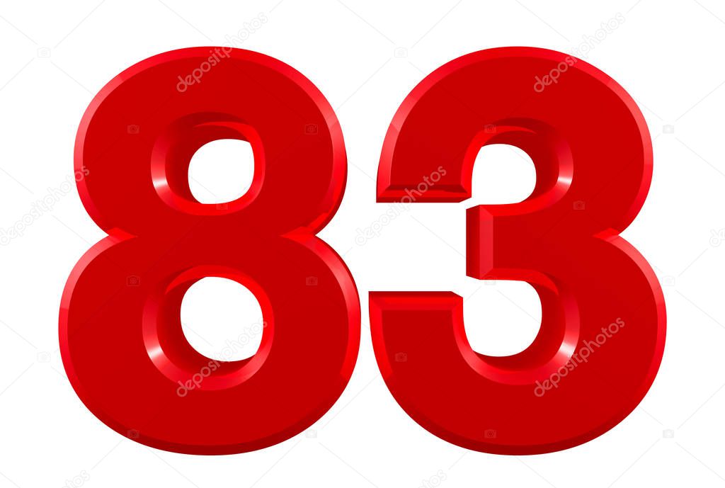 Red numbers 83 on white background illustration 3D rendering