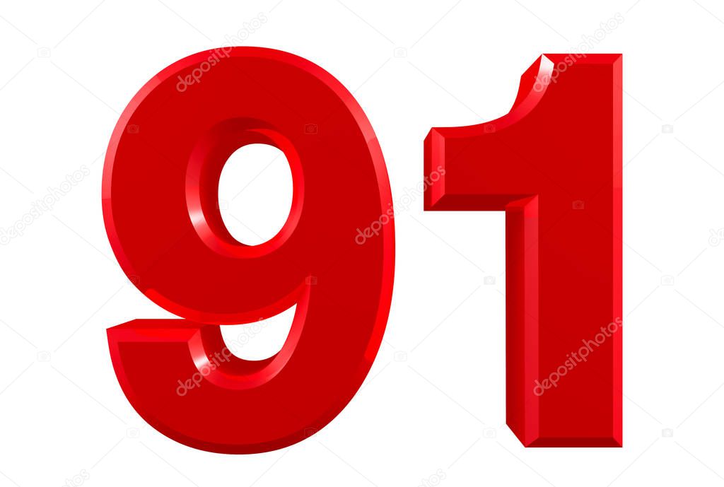 Red numbers 91 on white background illustration 3D rendering