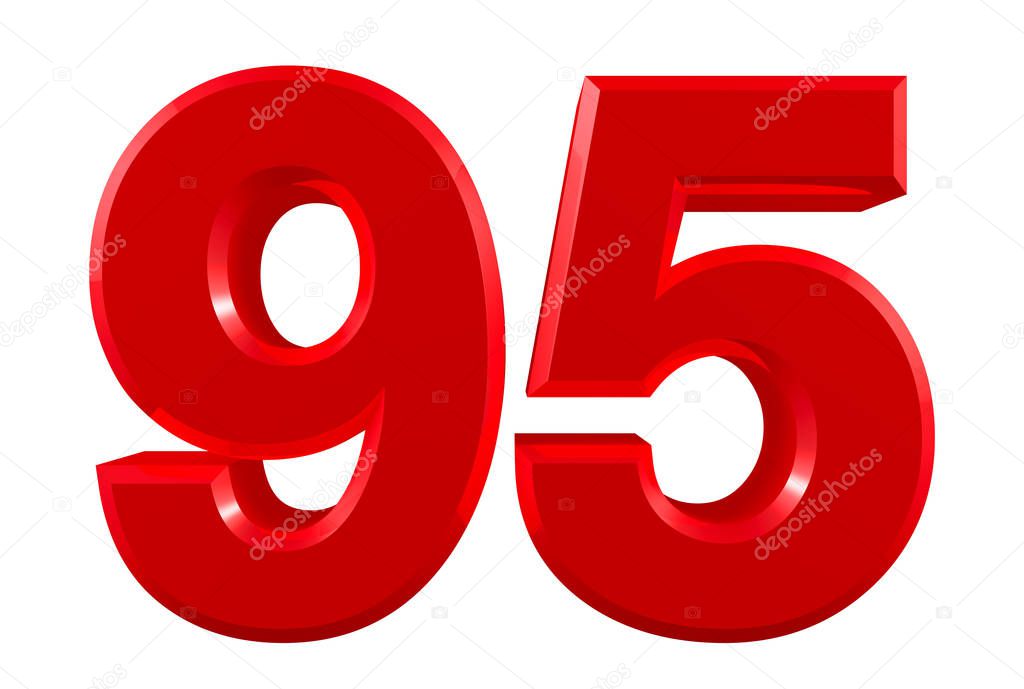 Red numbers 95 on white background illustration 3D rendering