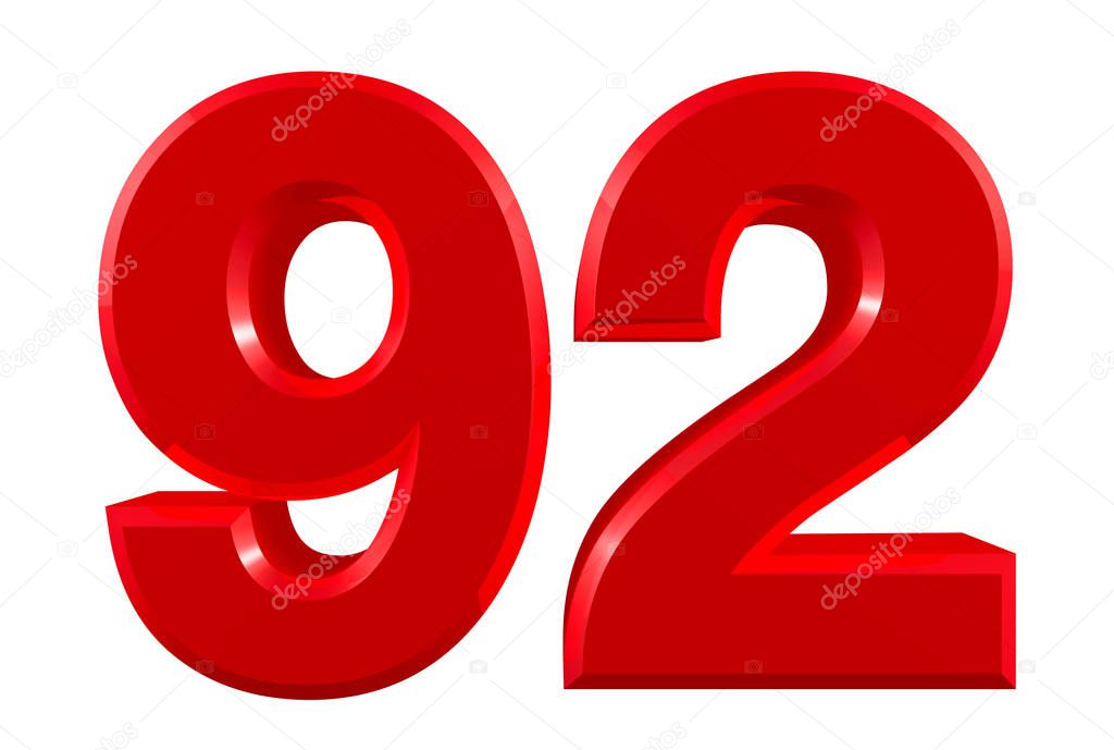 Red numbers 92 on white background illustration 3D rendering