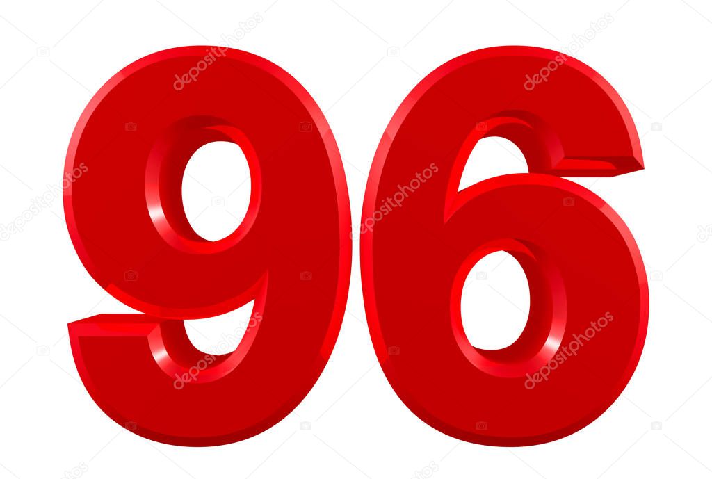 Red numbers 96 on white background illustration 3D rendering