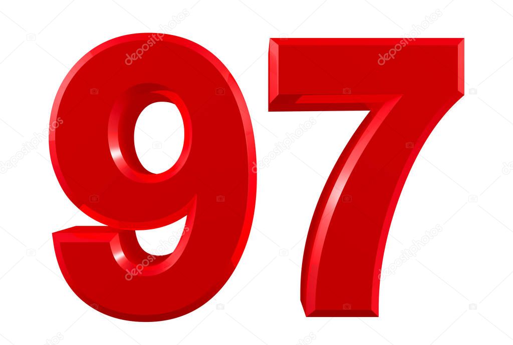 Red numbers 97 on white background illustration 3D rendering