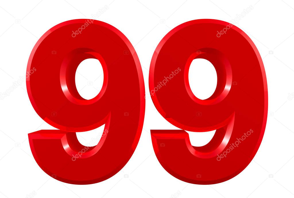 Red numbers 99 on white background illustration 3D rendering