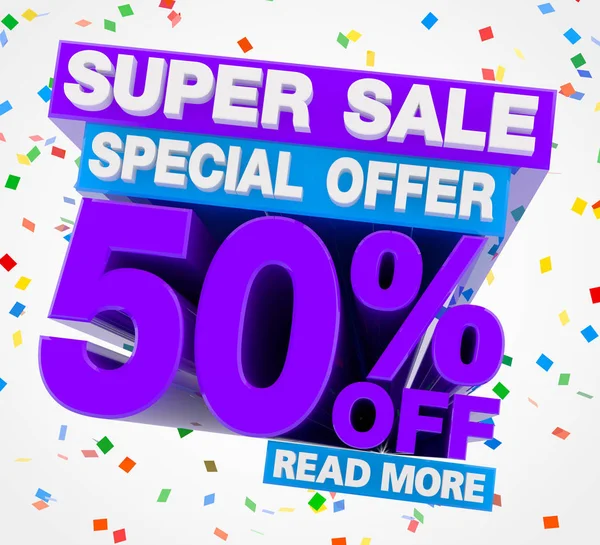 SUPER VENDA OFERTA ESPECIAL 50% FORA LER MAIS ilustração 3D renderização — Fotografia de Stock