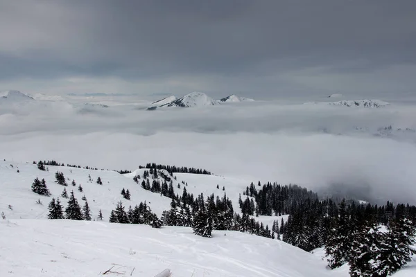 Bewölkte Winterlandschaft Mit Wolkenmeer Und Gipfeln Über Den Wolken — Stockfoto