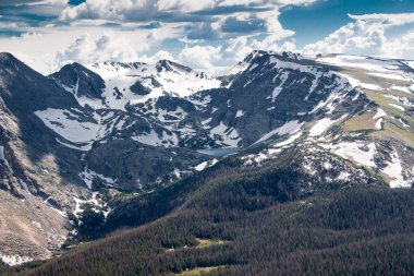 Karlı dağların manzarası. Patika yolu, dağlık ziyaretçi merkezi, Rocky Dağları Ulusal Parkı, Colorado