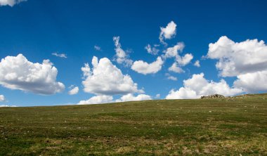 Karlı dağların manzarası. Patika yolu, dağlık ziyaretçi merkezi, Rocky Dağları Ulusal Parkı, Colorado