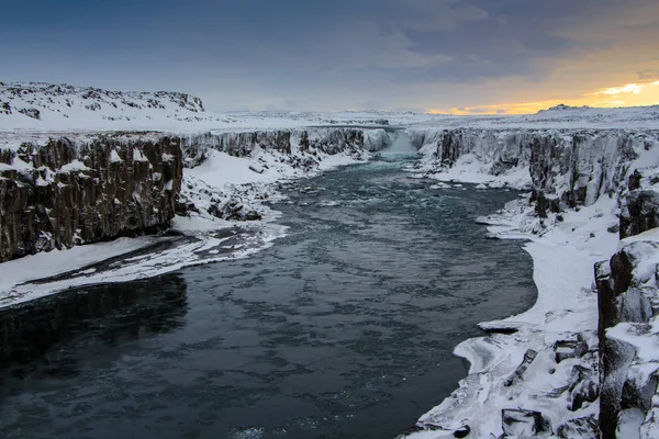 Cascada Detifoss Una Las Cascadas Más Potentes Europa Paisaje Invernal — Foto de Stock