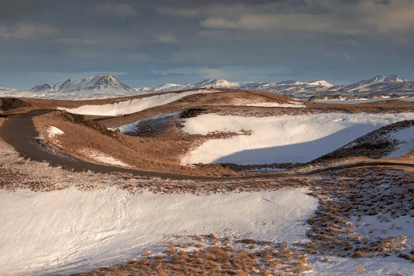 Озеро Міватн Кратери Псевдо Зимовий Пейзаж Ісландія — стокове фото