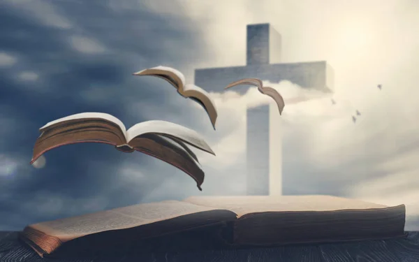 Open bibles and cross — Stock Photo, Image