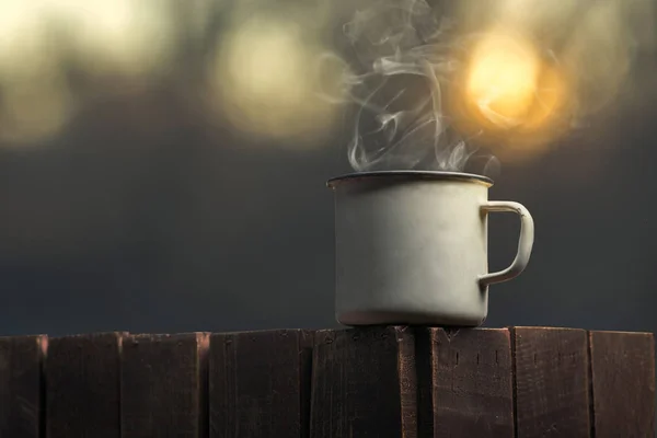 Hot Drink Iron Mug Sunset Close — Stock Photo, Image