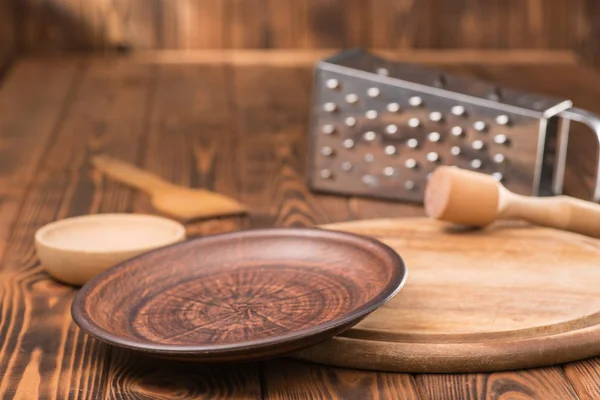 Utensilios Cocina Sobre Mesa Madera Cerca —  Fotos de Stock