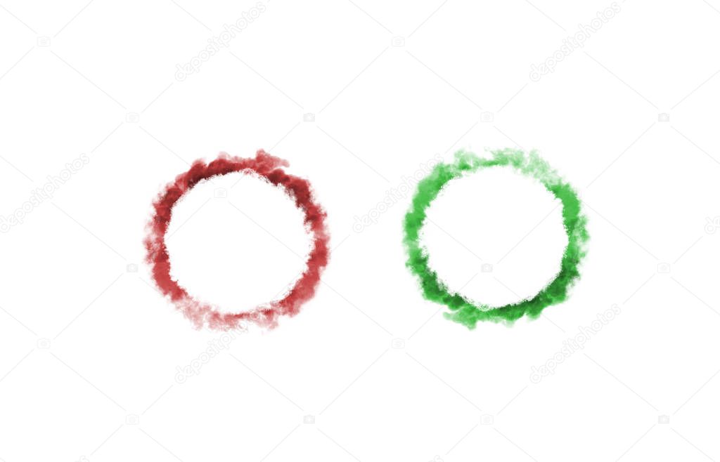 Red and green smoke rings on white 