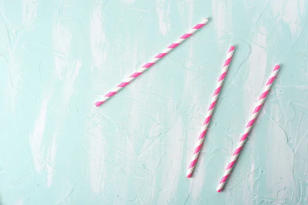 Drinking Straws Blue Table Background — Stock Photo, Image