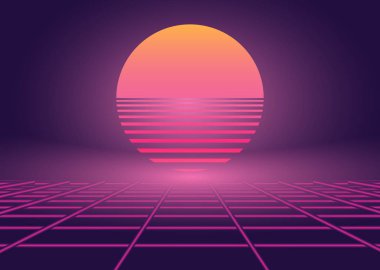 80 'lerin retro dalga neon manzarası çizgiler ve günbatımı