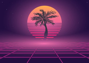  80 'lerin retro dalgası, palmiye ağaçlı neon manzarası. Vektör resmi