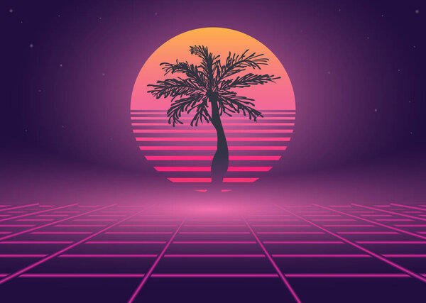  80s retro wave neon landscape with palm tree. Vector image