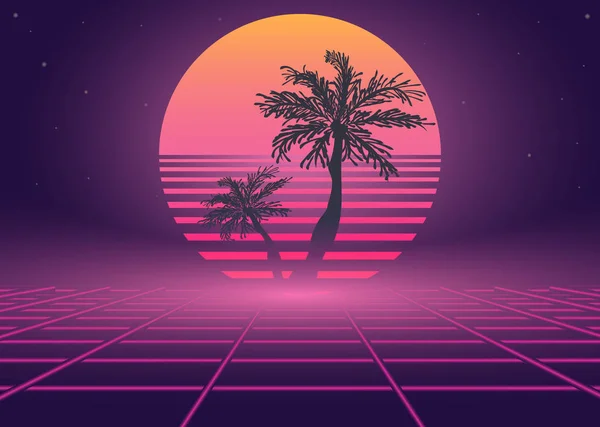stock vector  80s retro wave neon landscape with palm trees. Vector image