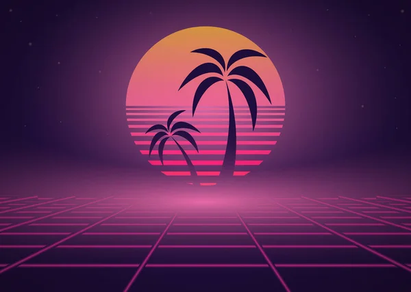 Stock vector  80s retro wave neon landscape with palm trees. Vector image.