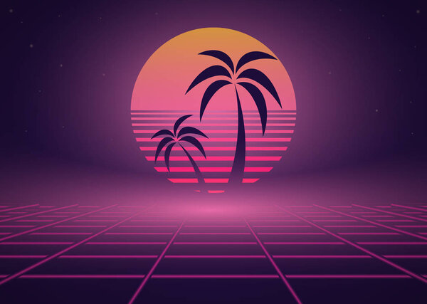  80s retro wave neon landscape with palm trees. Vector image.