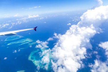 Güzel bir sahil, Maldivler 'de güneşli bir gün. Yaz seyahati ve turizm, tatil beldesi konsepti.