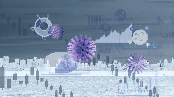 Graphs representing the stock market crash caused by the coronavirus with urban city background.