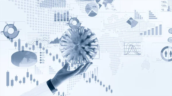 Graphs representing the stock market crash caused by the coronavirus with urban city background.