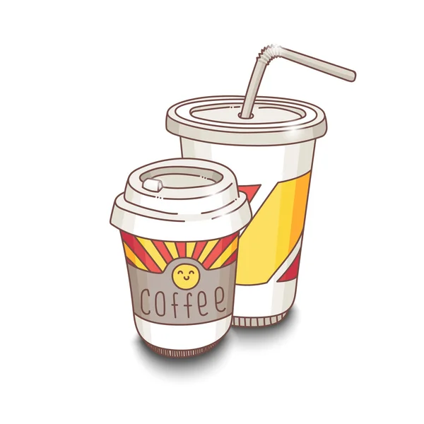 Drăguț vector desenat manual ilustrație fastfood. Ceașcă de cafea și suc . — Vector de stoc
