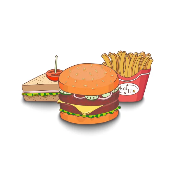 Illustration vectorielle du repas de fast-food de dessin animé coloré avec des ombres . — Image vectorielle