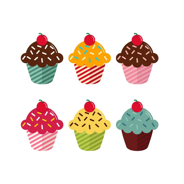 Meg hat különböző Cupcakes cseresznye a tetején fehér háttér. — Stock Vector