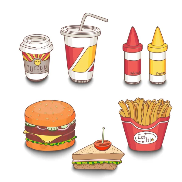 Set di fast-food colorati con ombre . — Vettoriale Stock