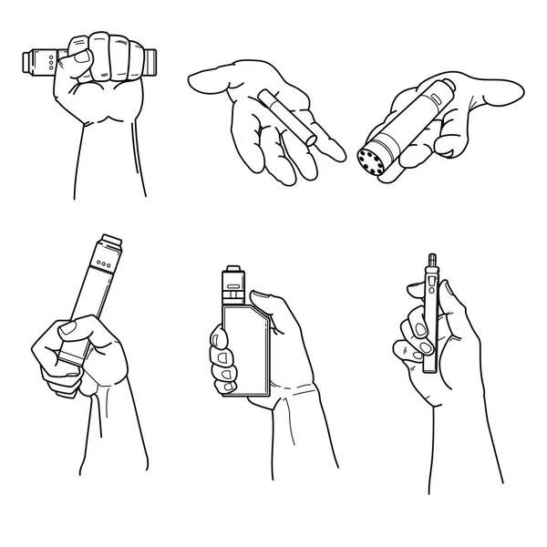 Set van handen met vape apparaten en sigaret. — Stockvector
